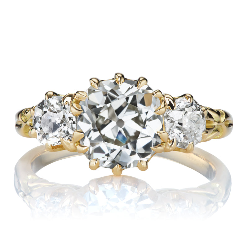 2.21ct Old Mine Cut Diamond Three Stone Engagement Ring