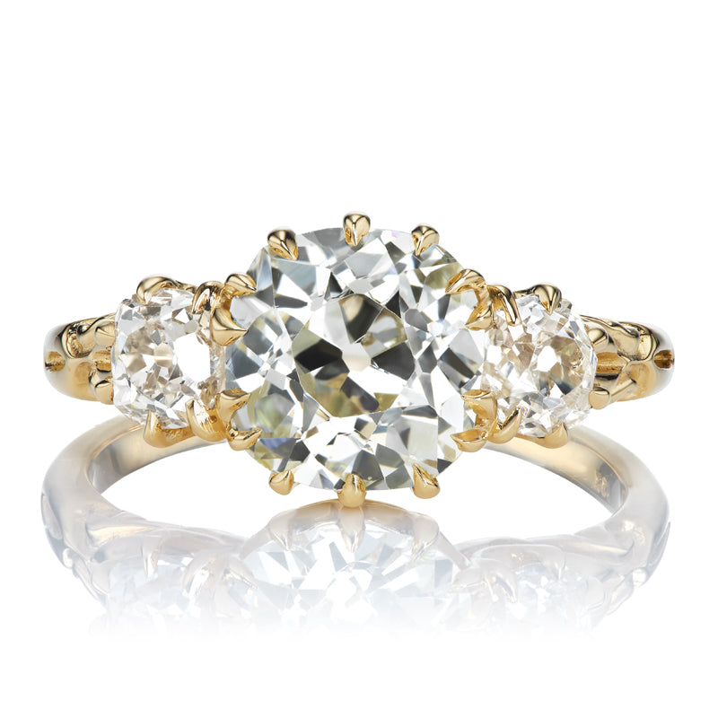 2.5 Carat Old Mine Cut Diamond Three Stone Engagement Ring
