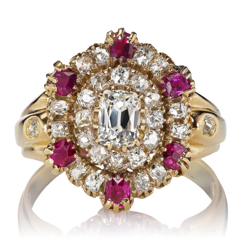 Ornate Antique Diamond and Ruby Cluster Ring in 18kt Yellow Gold