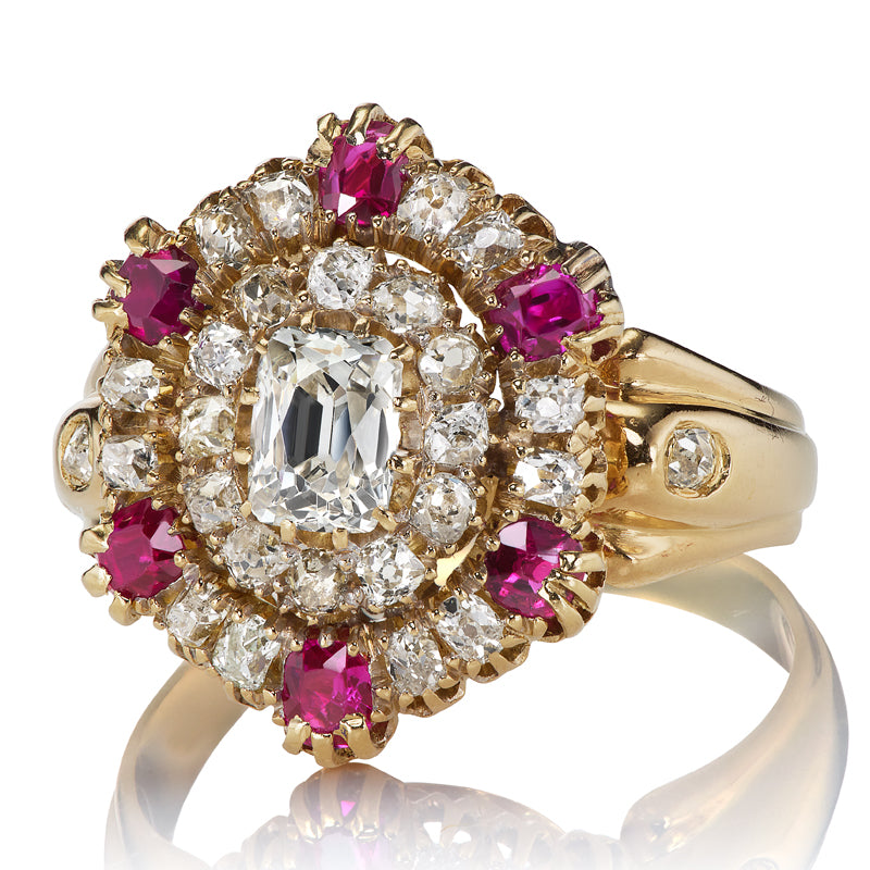 Antique Diamond and Ruby Cluster diamond engagement ring with gemstone