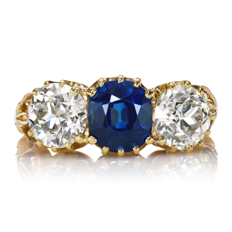 Victorian No-Heat Sapphire and Old European Cut Three-Stone Ring
