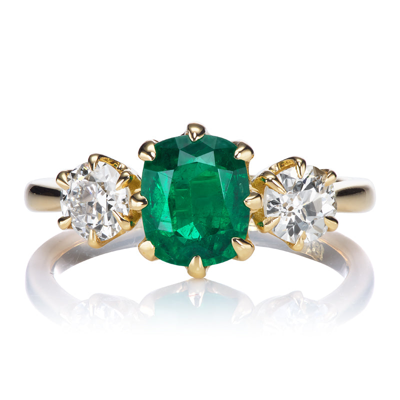 Three Stone Yellow Gold Emerald and Diamond Engagement Ring