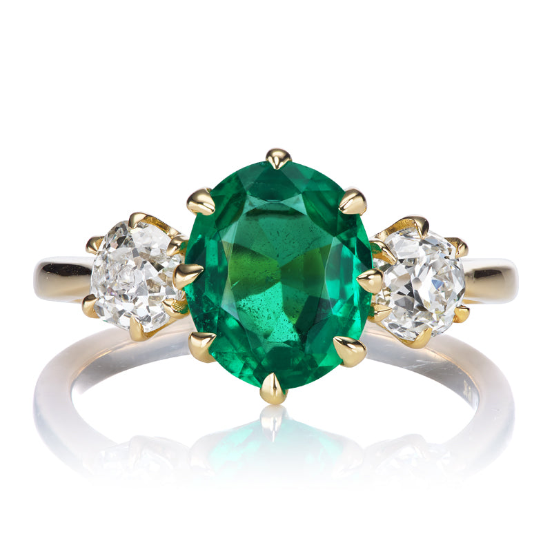 Three Stone Emerald and Diamond Engagement Ring in 18kt Yellow Gold