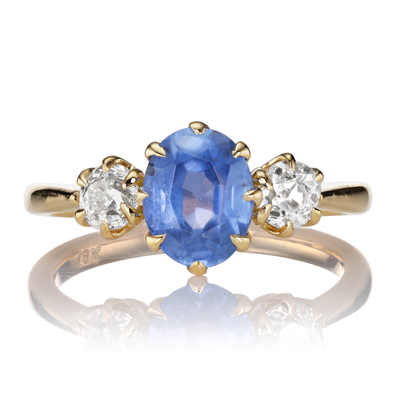 Three Stone Sri Lankan Sapphire with Old Cut Diamond Side Stones