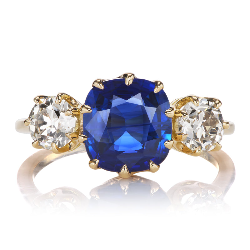 Bright Blue Cushion Cut Ceylon Sapphire and Diamond Three Stone Ring