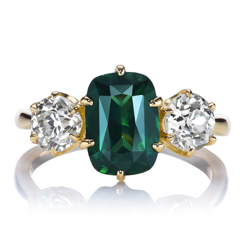 Bluish-Green Cushion Sapphire and Diamond Ring