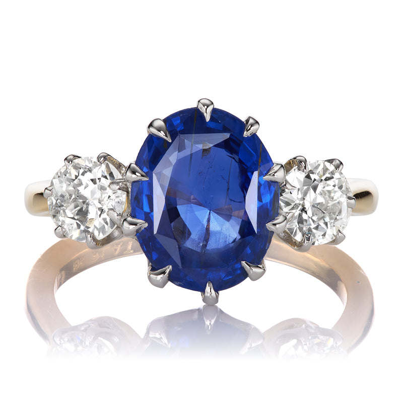 No-Heat Burma Sapphire and Antique Diamond Three Stone Ring
