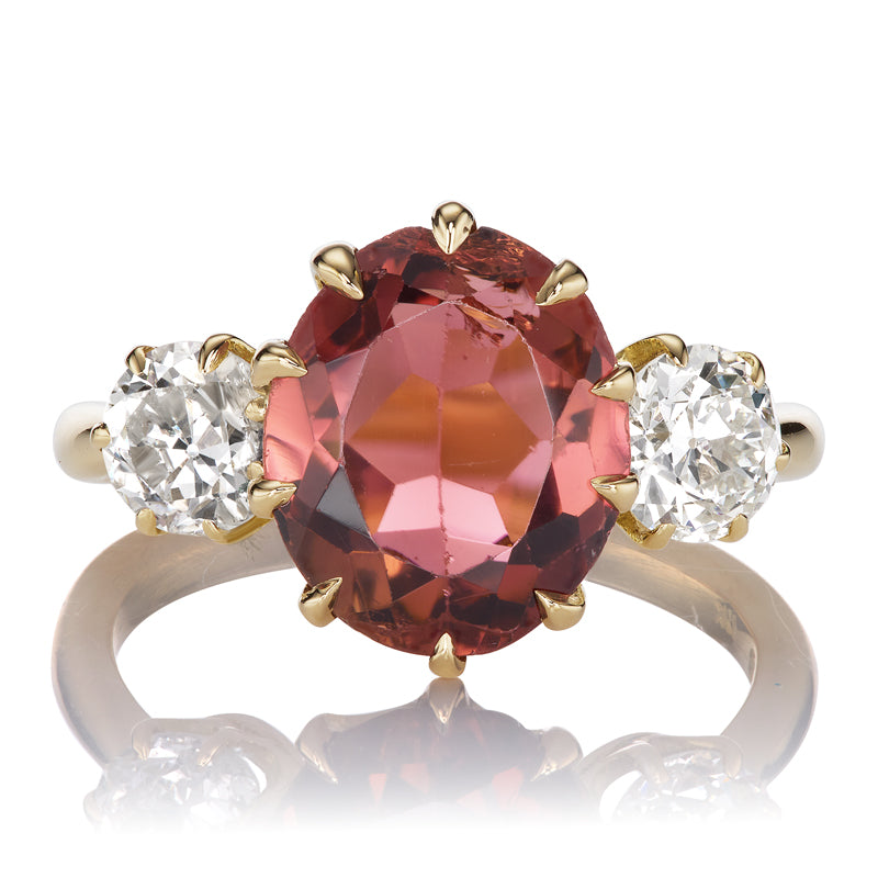 Pink Tourmaline with Antique Diamond Side Stones