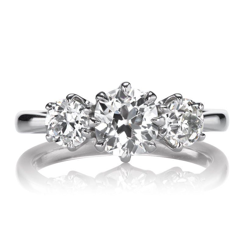 Three Stone Old Mine Cut Platinum Set Engagement Ring