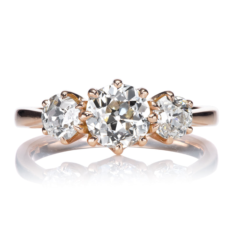 Old European Cut Diamond Three Stone Ring in Rose Gold