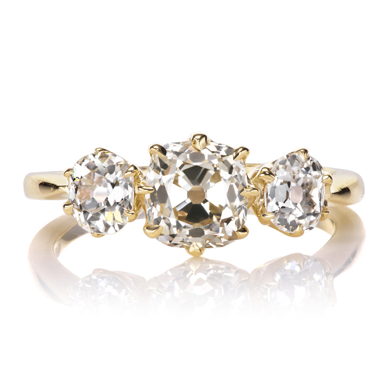 Light Champagne Colored 1.19 Carat Old Mine Cut Diamond Three Stone Ring