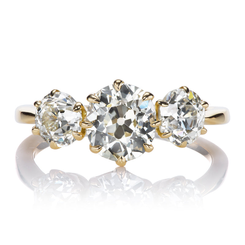 Old Mine Cut Diamond Three Stone Engagement Ring in 18kt Yellow Gold