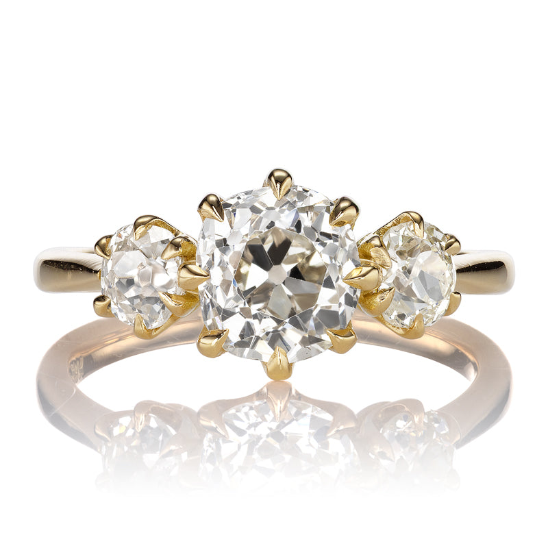 Old Mine Cut Diamond Three-Stone Ring in 18kt Gold Setting