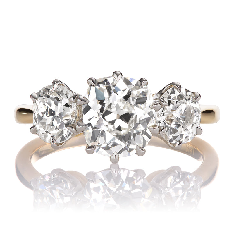 Three Stone Ring with Bright White Old Mine Cut Diamonds in Two-Tone Setting