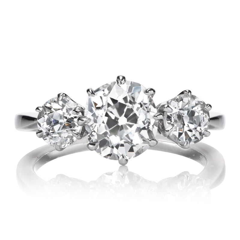 3 Stone Old Mine Cut Diamond Platinum Set Engagement Ring