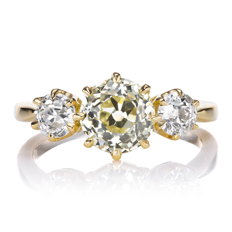 1.82 Carat Fancy Light Yellow Old European Cut Diamond Three Stone Engagement Ring