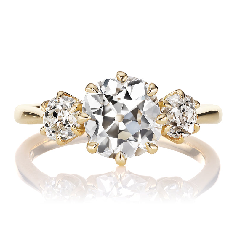 Old Mine Cut Three Stone Diamond Ring in 18k Gold Setting