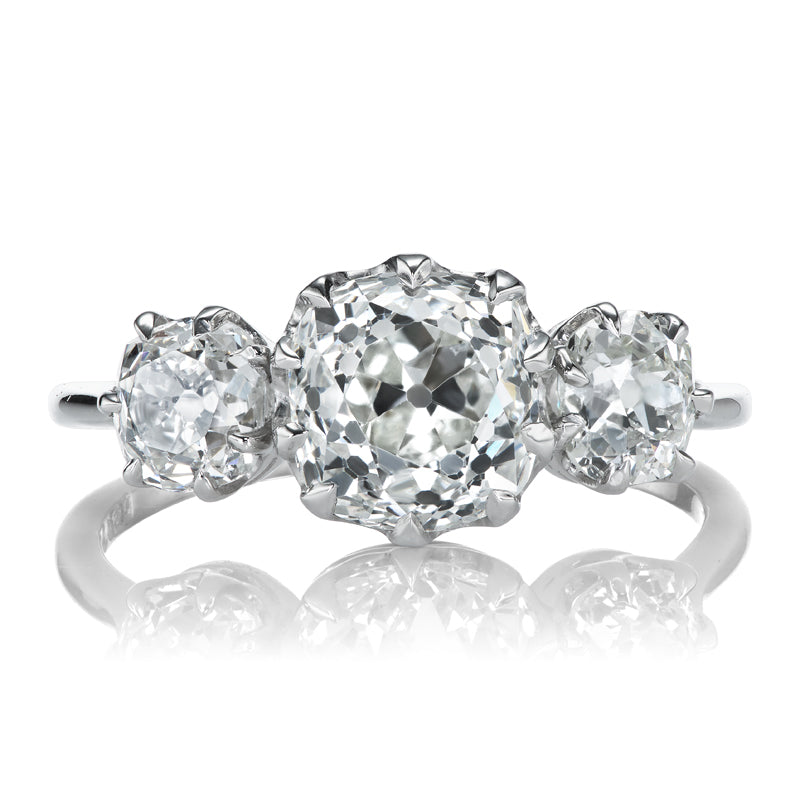 Bright White 1.93 Carat Old Mine Cut Diamond Three Stone Engagement Ring