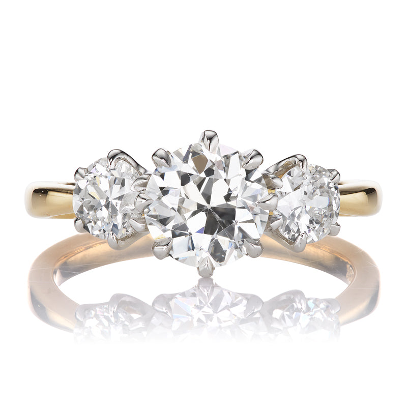 Old Cut Diamond Three Stone Ring in Two-Tone Setting