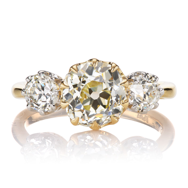 Warm 2ct Old Mine Cut Diamond Three-Stone Ring
