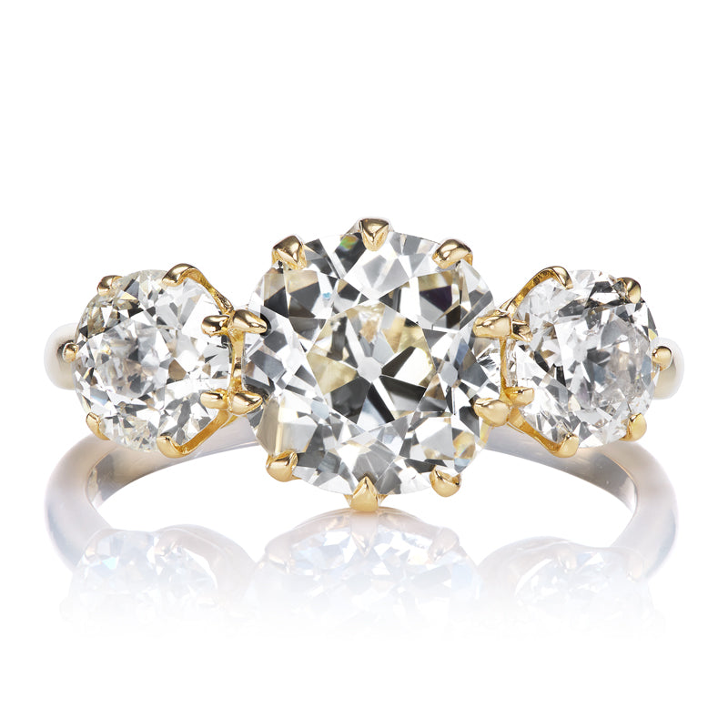 Three Stone Old Mine Cut + Old European Cut Diamond Engagement Ring