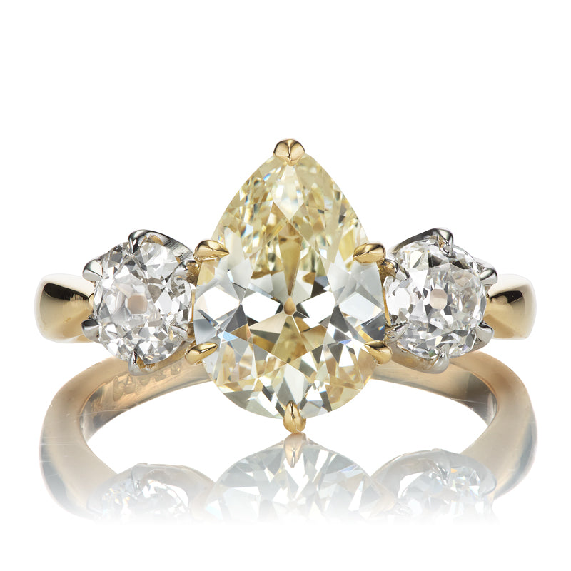 Yellow Antique Pear Cut Diamond Engagement Ring with Side Stones