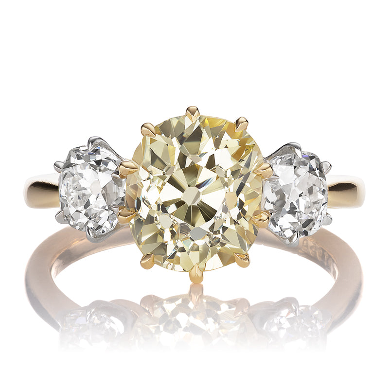 Fancy Yellow Old Mine Cut Diamond Engagement Ring with OMC Diamond Side Stones in Two-Toned Setting