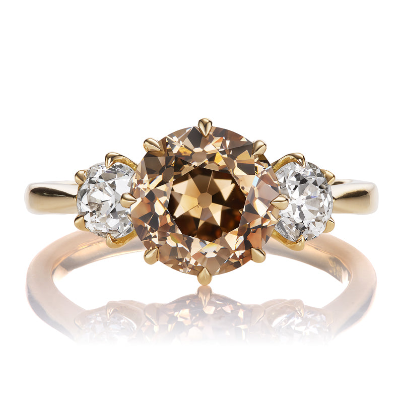 Fancy Deep Champagne Old European Cut Diamond Three Stone Ring