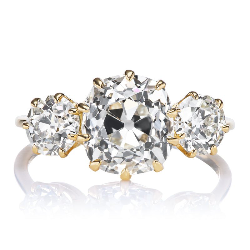 Three Stone Old Mine Cut Diamond with OEC Side Stones 