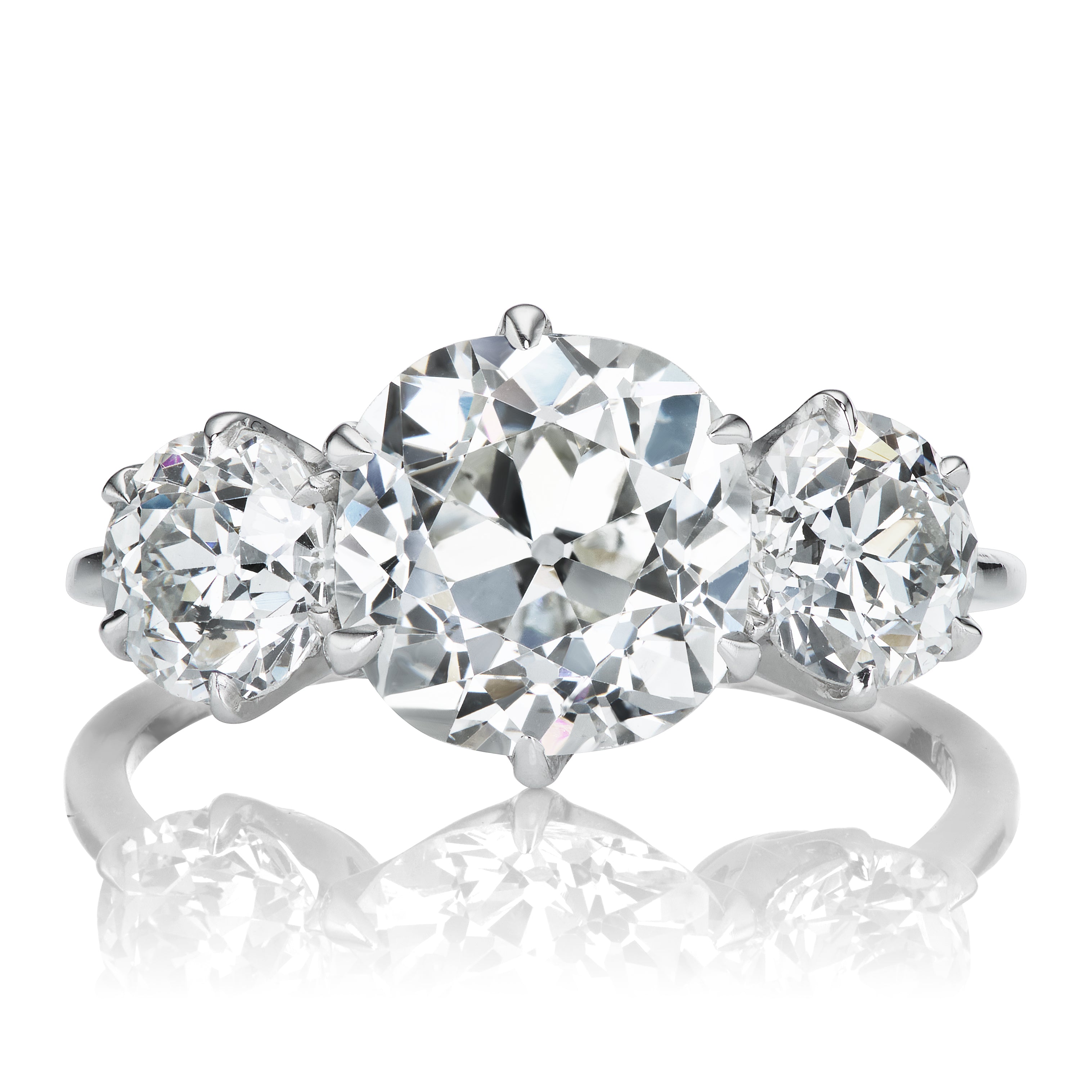 Three Carat Three-Stone Old Mine Cut Diamond Engagement Ring in Platinum Setting