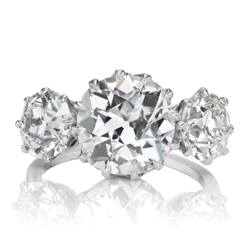 Bright 3.36ct Old Mine Cut Diamond Three Stone Ring in Platinum