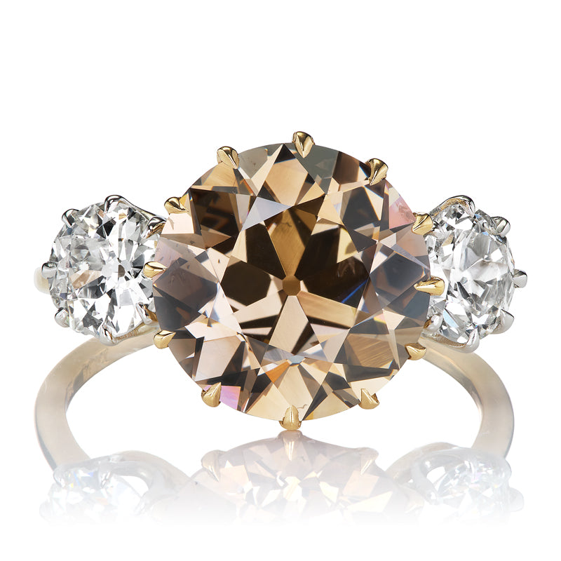5 Carat Fancy Orange-Brown Old European Cut Diamond Three Stone Engagement Ring