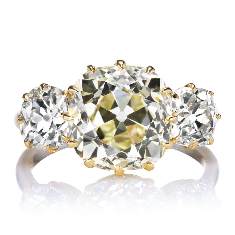 5.53 Carat Old Mine Cut Diamond Center Stone with OMC Diamond Side Stones