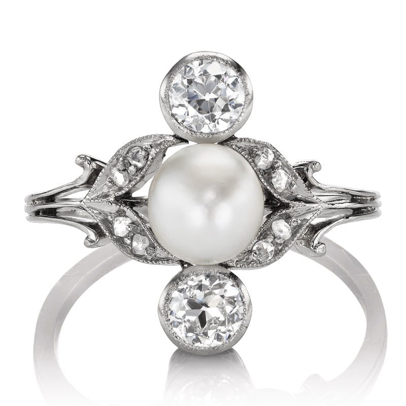 Edwardian Antique Old European Cut Diamond and Pearl Ring