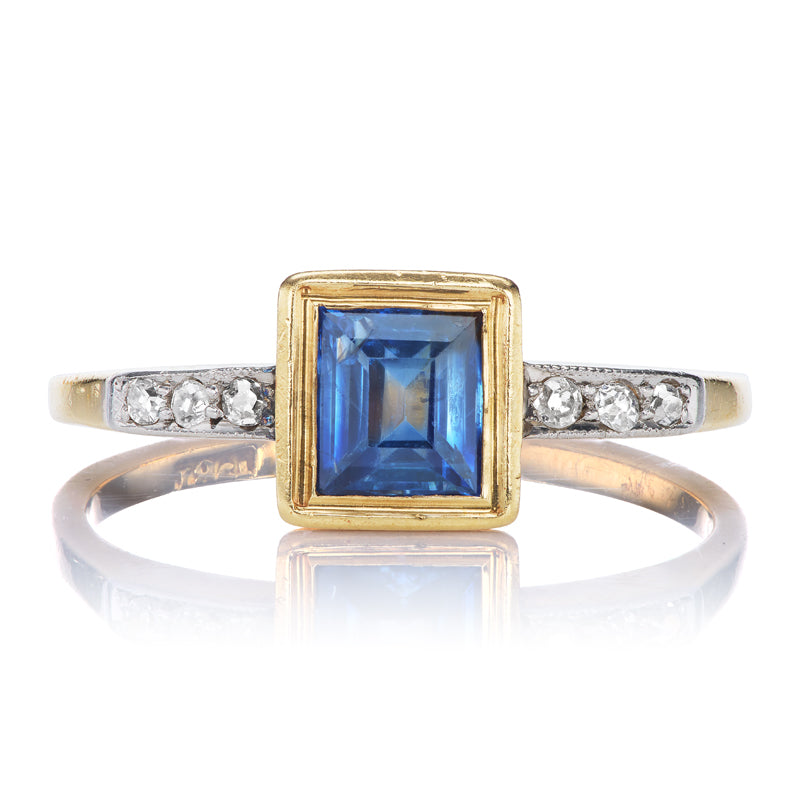 Art Deco Sapphire Ring with Bezel and Side Stones
