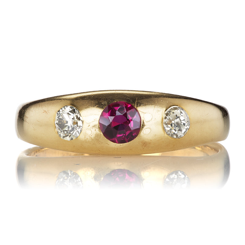 Vintage Three Stone Red Ruby and Old Mine Cut Diamond Ring