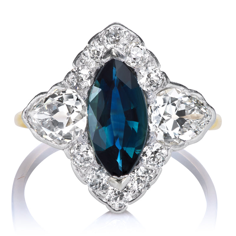 Marquise Cut Sapphire Ring with Two Pear Side Stones