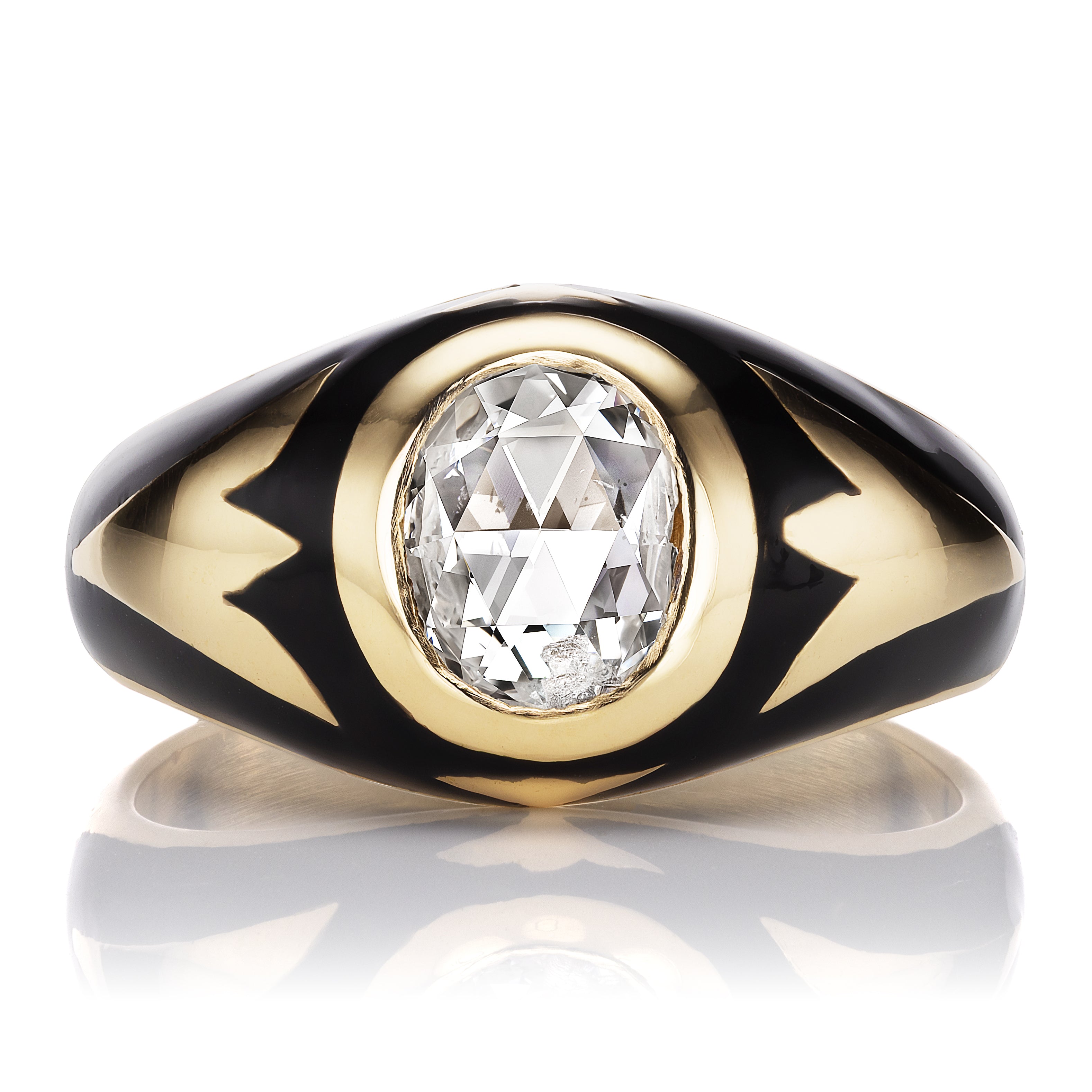 Rose Cut Diamond Ring with Unique Black Enamel Detailing
