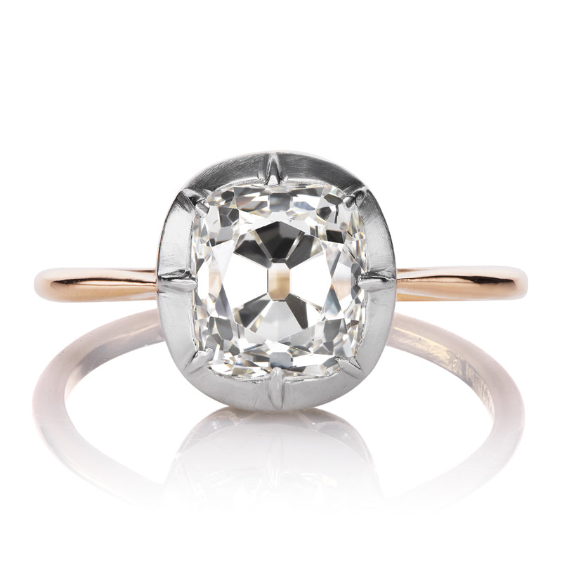 Chunky 2 Carat Old Mine Cut Diamond Antique Collet Set Engagement Ring in Platinum and Rose Gold