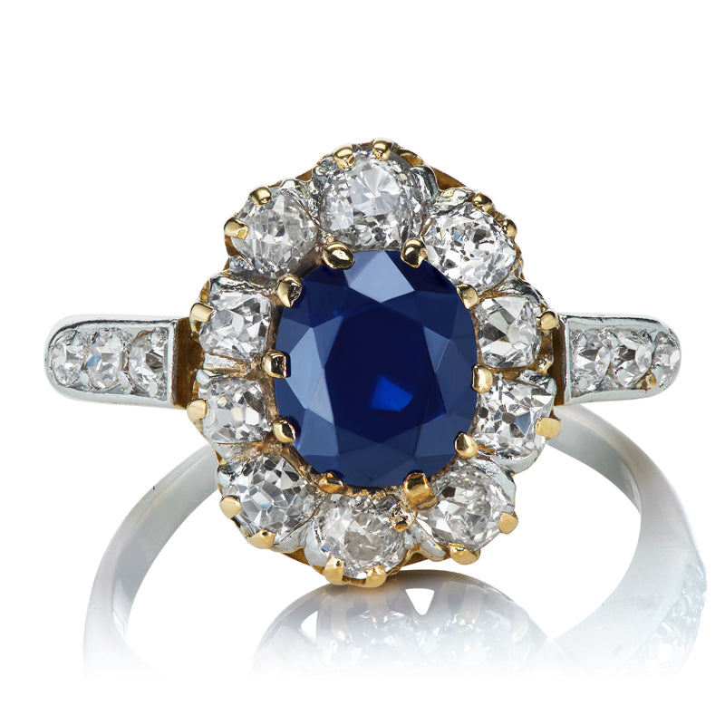 Edwardian Era Antique Sapphire and Diamond Cluster Ring