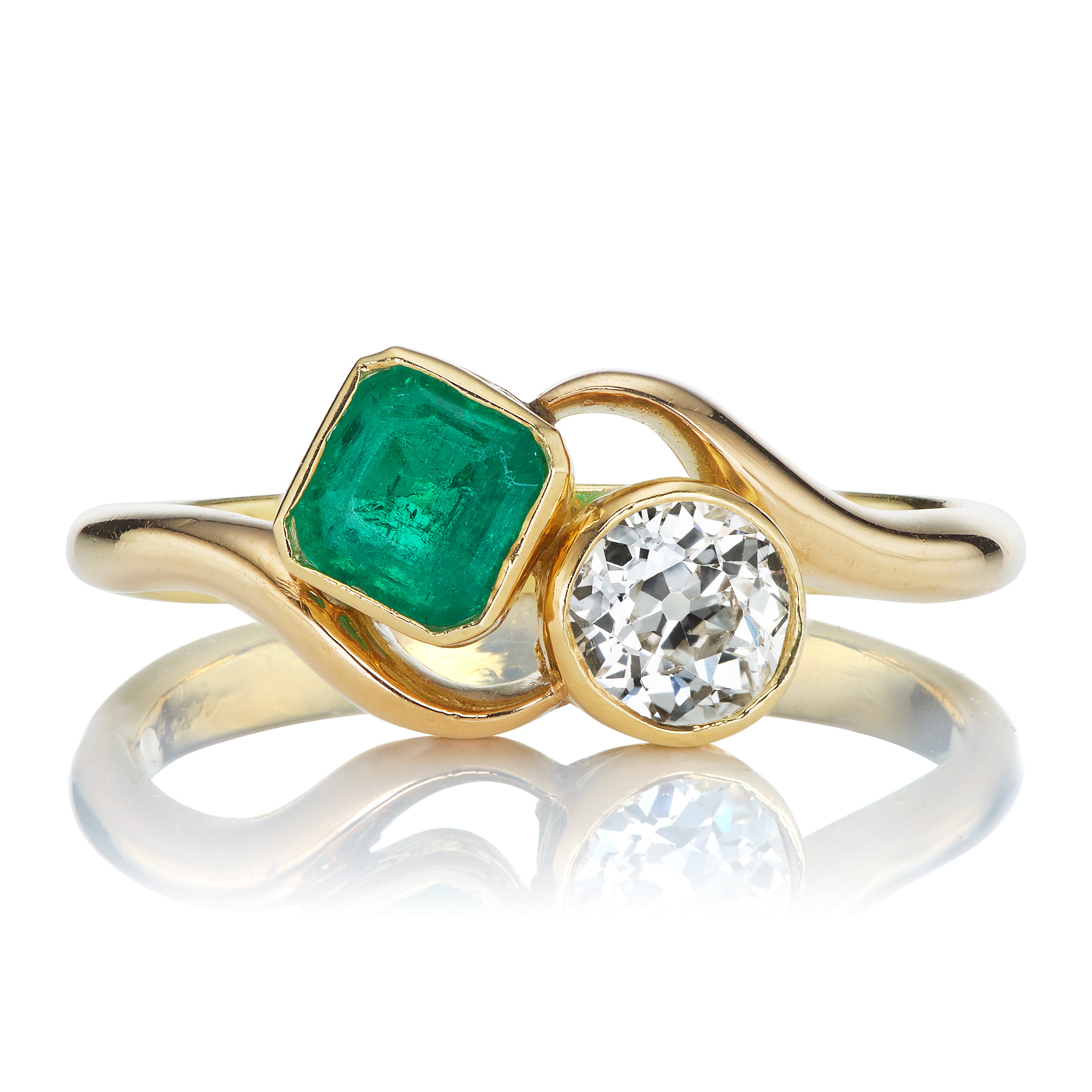 Vintage Emerald and Old European Cut Diamond Toi et Moi Ring