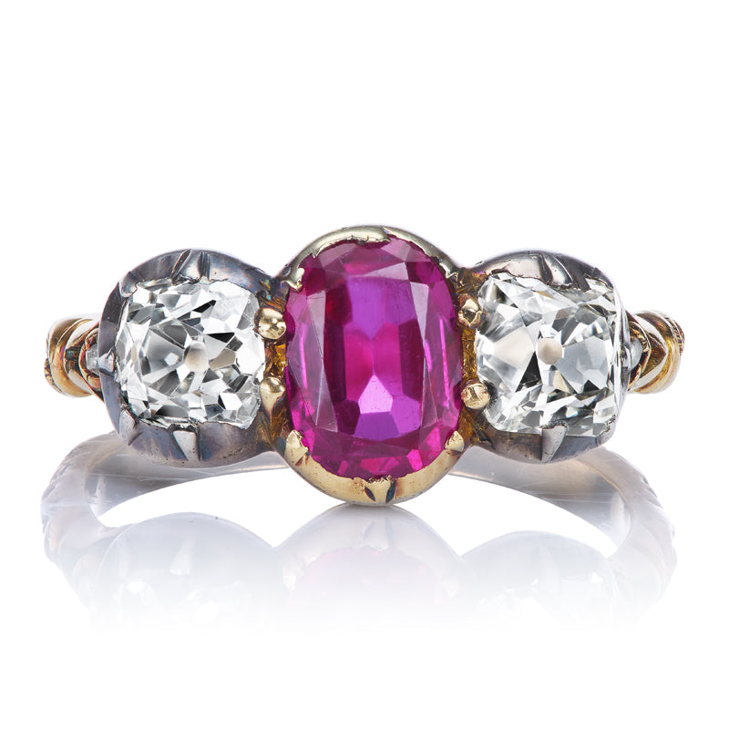 Georgian No Heat Burmese Ruby and Old Mine Cut Diamond Ring