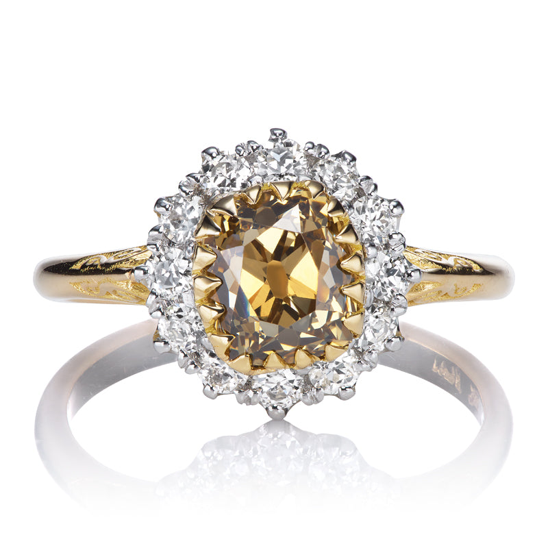 Fancy Brownish-Yellow Old Mine Cut Diamond Cluster Ring in Two-Tone Setting
