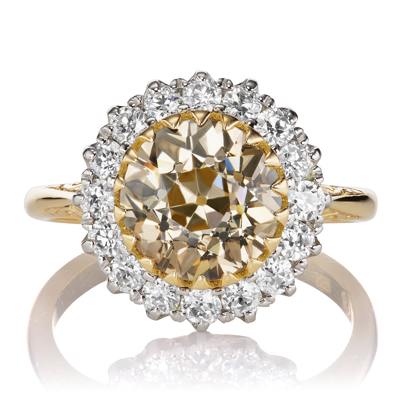 Victorian-Inspired 2.5 Carat Champagne Old European Cut Ring with Diamond Halo