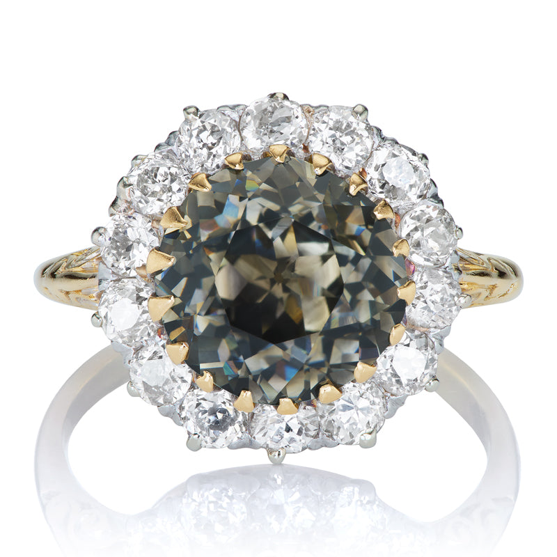 Rare Antique Fancy Green Gray Diamond Cluster Ring