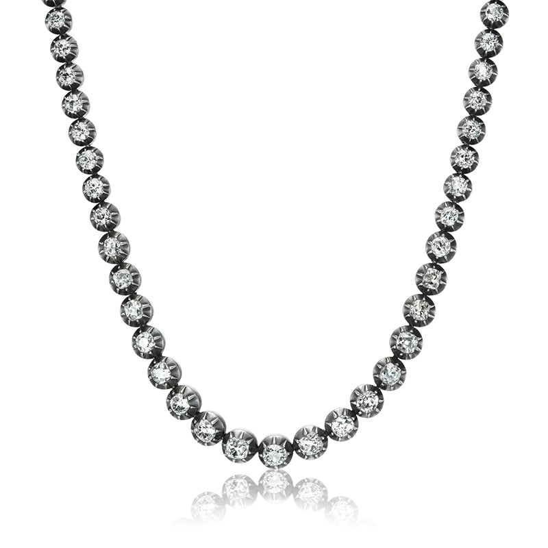 Antique Rivière Necklace with Collet Set Old Mine Cut Diamonds