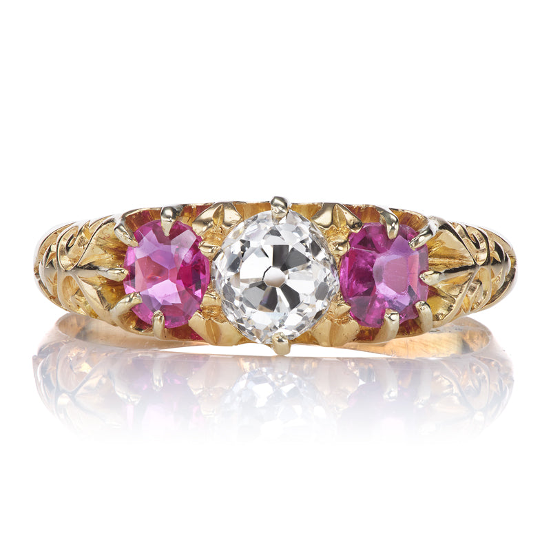 Antique Half Hoop Ring with Old Mine Cut Diamond Center Stone and Ruby Side Stones