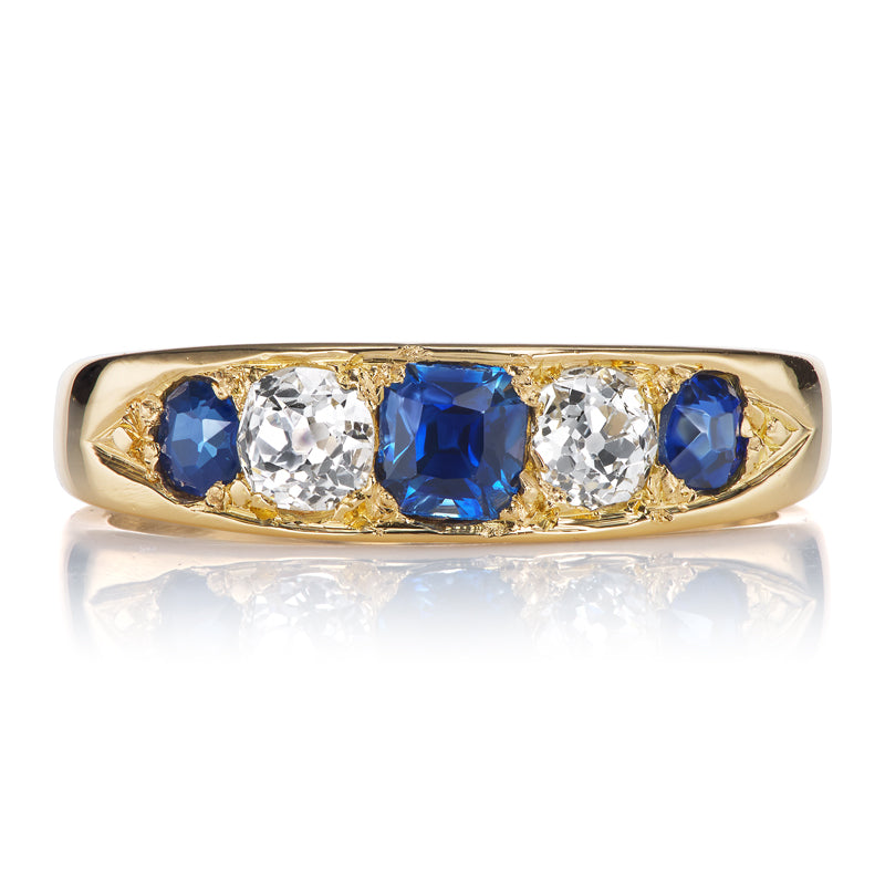 Vintage Five Stone Sapphire and Diamond 18k Yellow Gold Ring