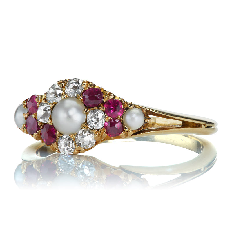 Antique Pearl, Diamond, Ruby Cluster Ring diamond with gemstone