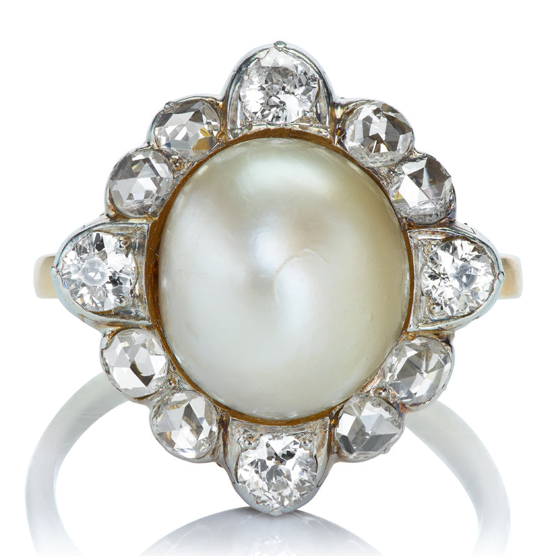 Antique Natural Saltwater Pearl and Diamond Cluster Two-Tone Ring